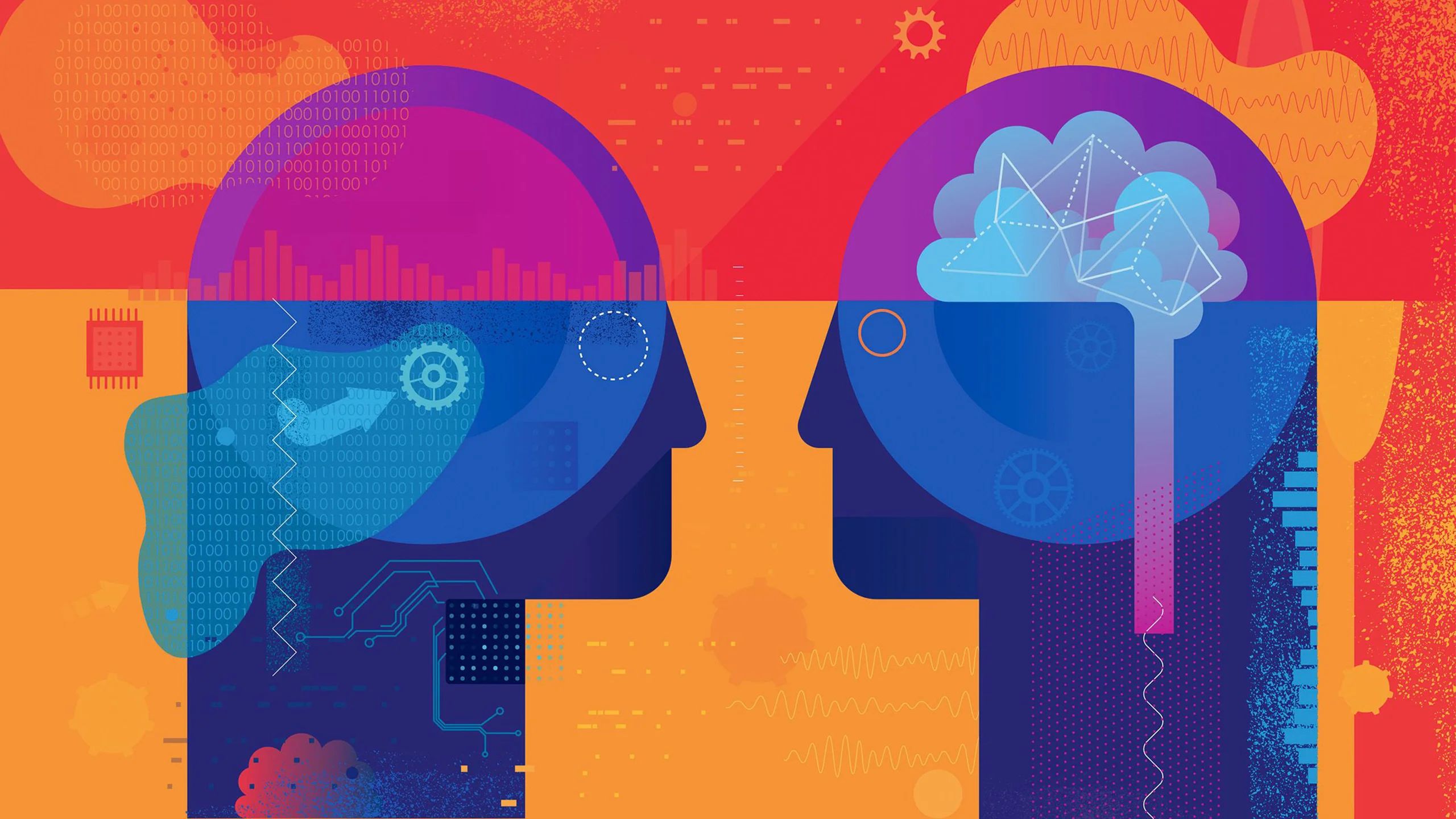 Vector image of two heads facing each other, with data visualizations throughout the image. This is the cover art for the Fall 2024 edition of Tepper Magazine.