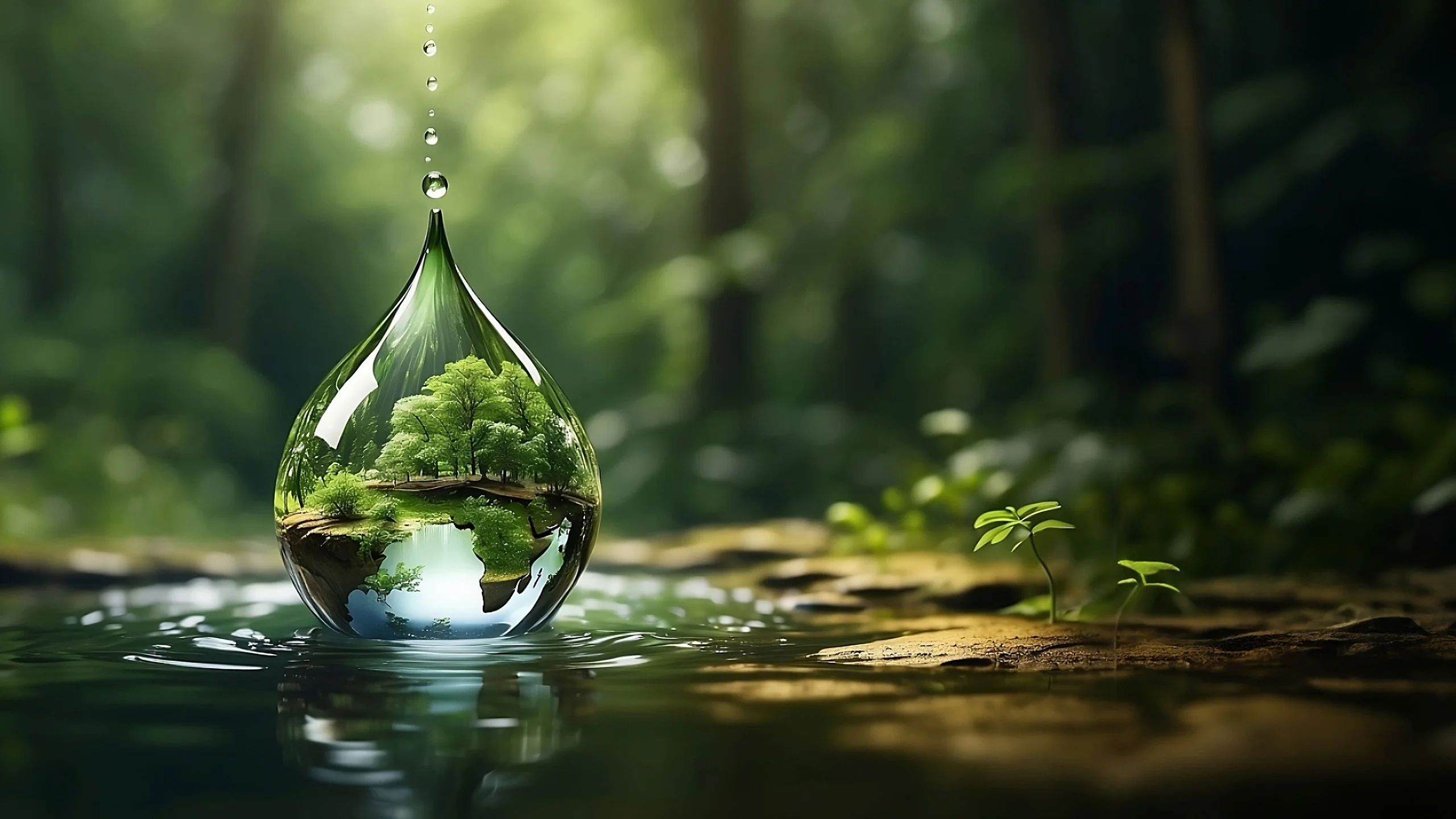 A drop of water on the surface of a body of water, reflecting trees and fauna, with a blurred forest background. The image relates to the article 'Balancing the Books: Assessing the True Cost of Pollution in America.'