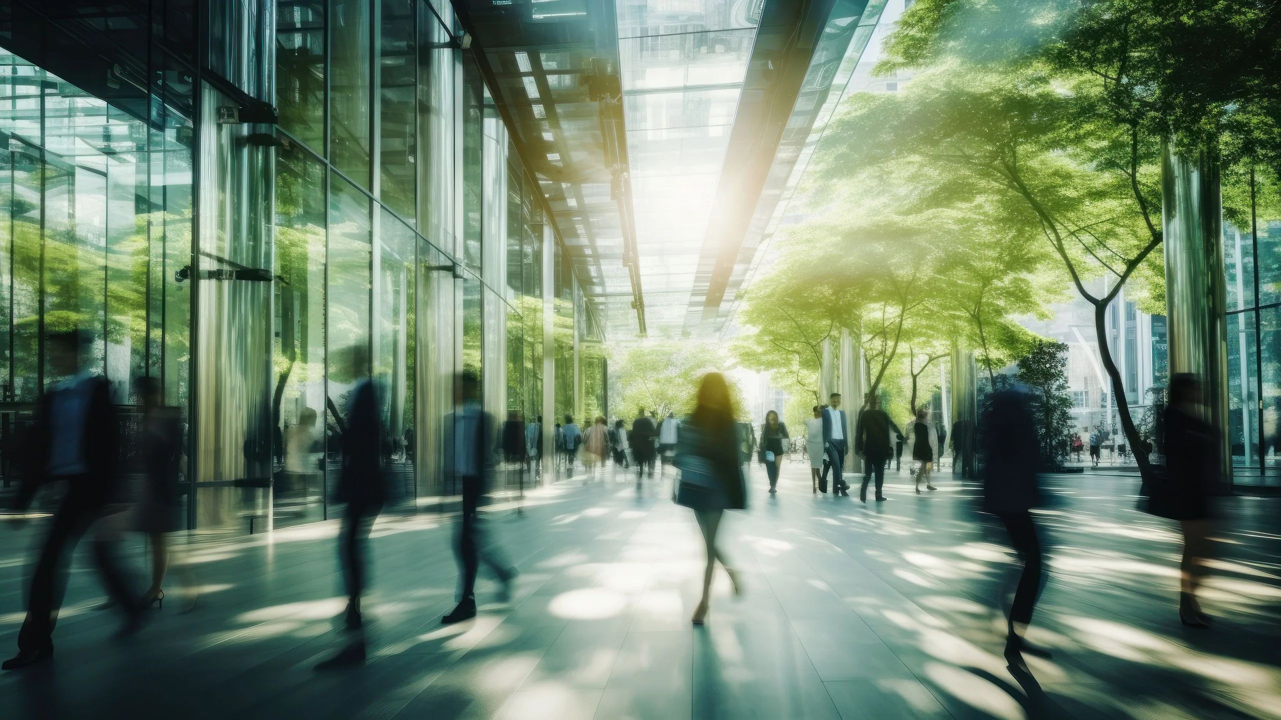 Silhouettes of people walking in a tree-lined office corridor. The image relates to the article 'Balancing the Books: Assessing the True Cost of Pollution in America.'