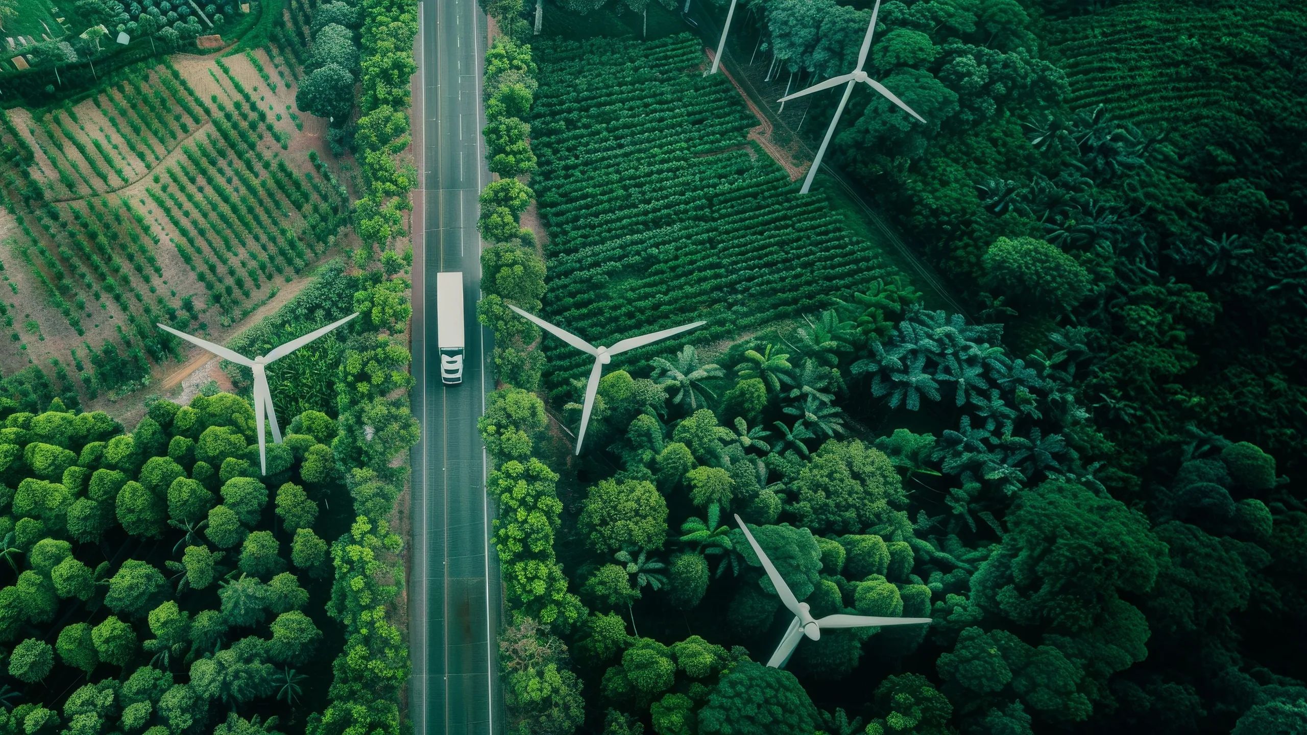 Overhead photo of a semi-truck driving on a road through green fields with windmills, relating to the article 'Balancing the Books: Assessing the True Cost of Pollution in America.'