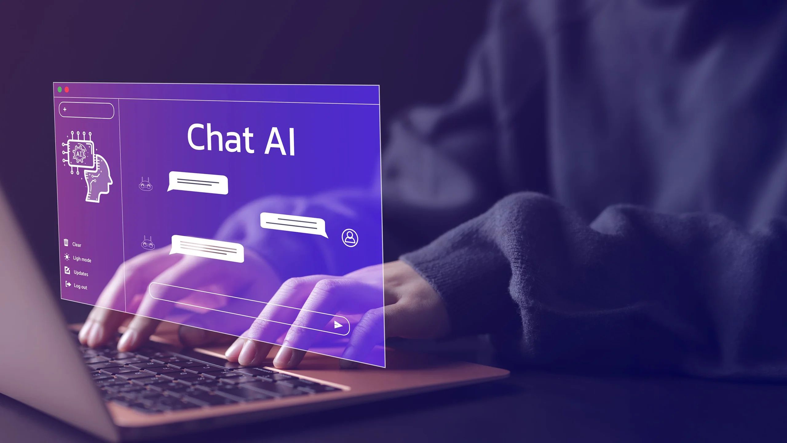 A person's hands typing on a laptop keyboard, with a floating chatbox window that says 'Chat AI.' Image relates to the article 'AI for IA: Enabling Artificial Intelligence for Intelligent Augmentation of Business.'