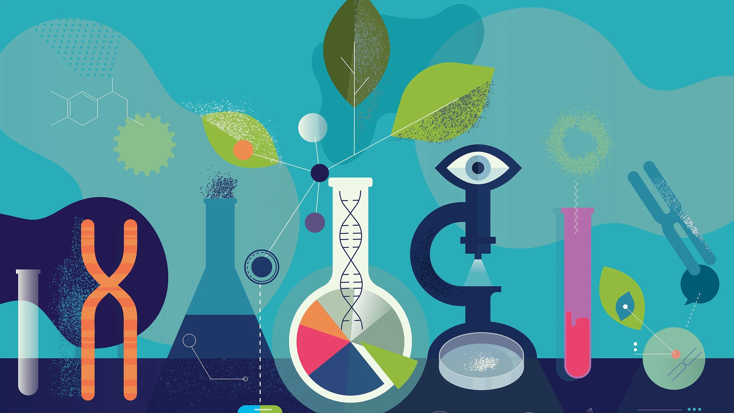 Vector image of various scientific equipment, including beakers, flasks, and microscopes. Decorative background for the article 'Collaboration on AI-powered Patient Safety Research Flags Drug Side Effects.