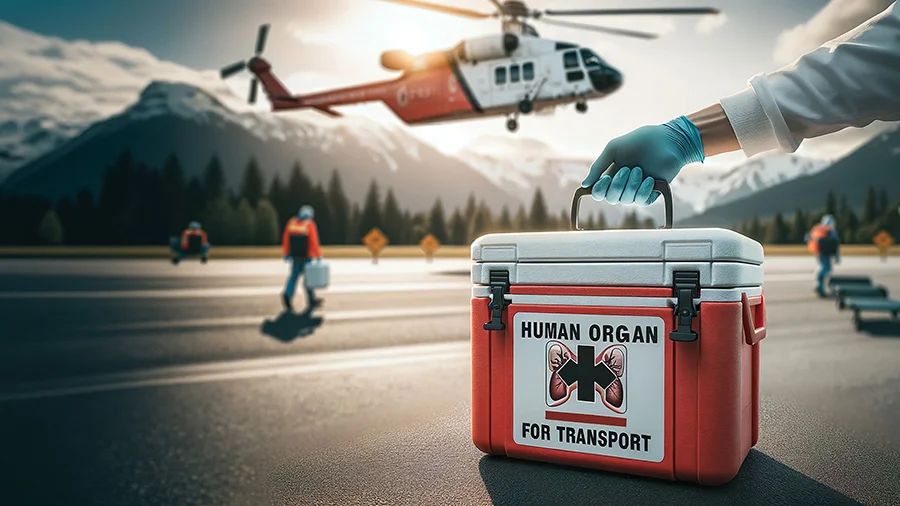An image of a medical helicopter landing on an airport runway at the base of a mountain, and a person holding a cooler that says "Human Organ For Transport."