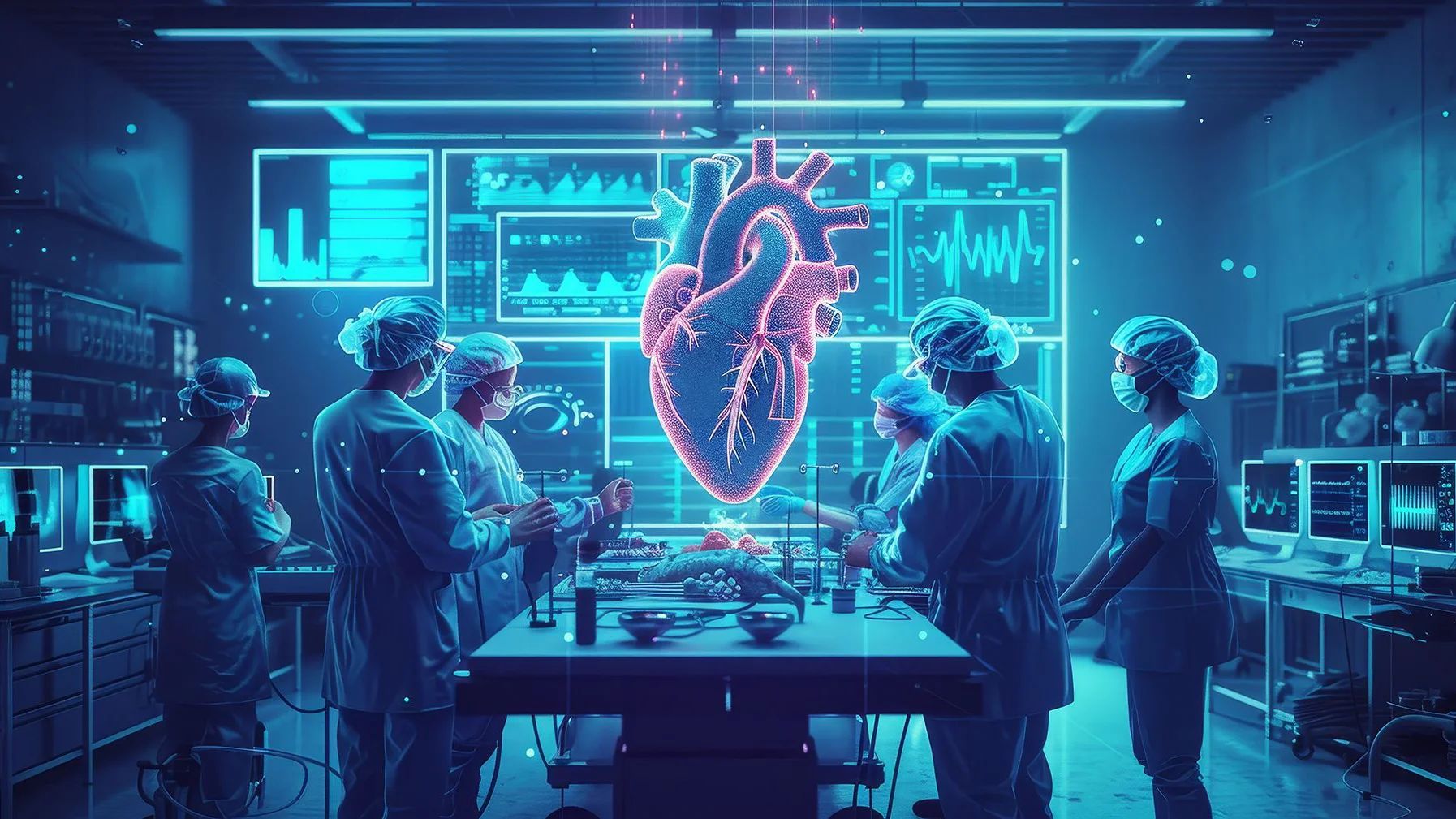 Surgeons in a futuristic operating room with a holographic image of a patient's heart hovering above the patient.