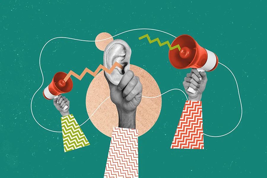 Hands holding megaphones emitting sound waves, and another hand holding an ear, symbolizing communication and listening.