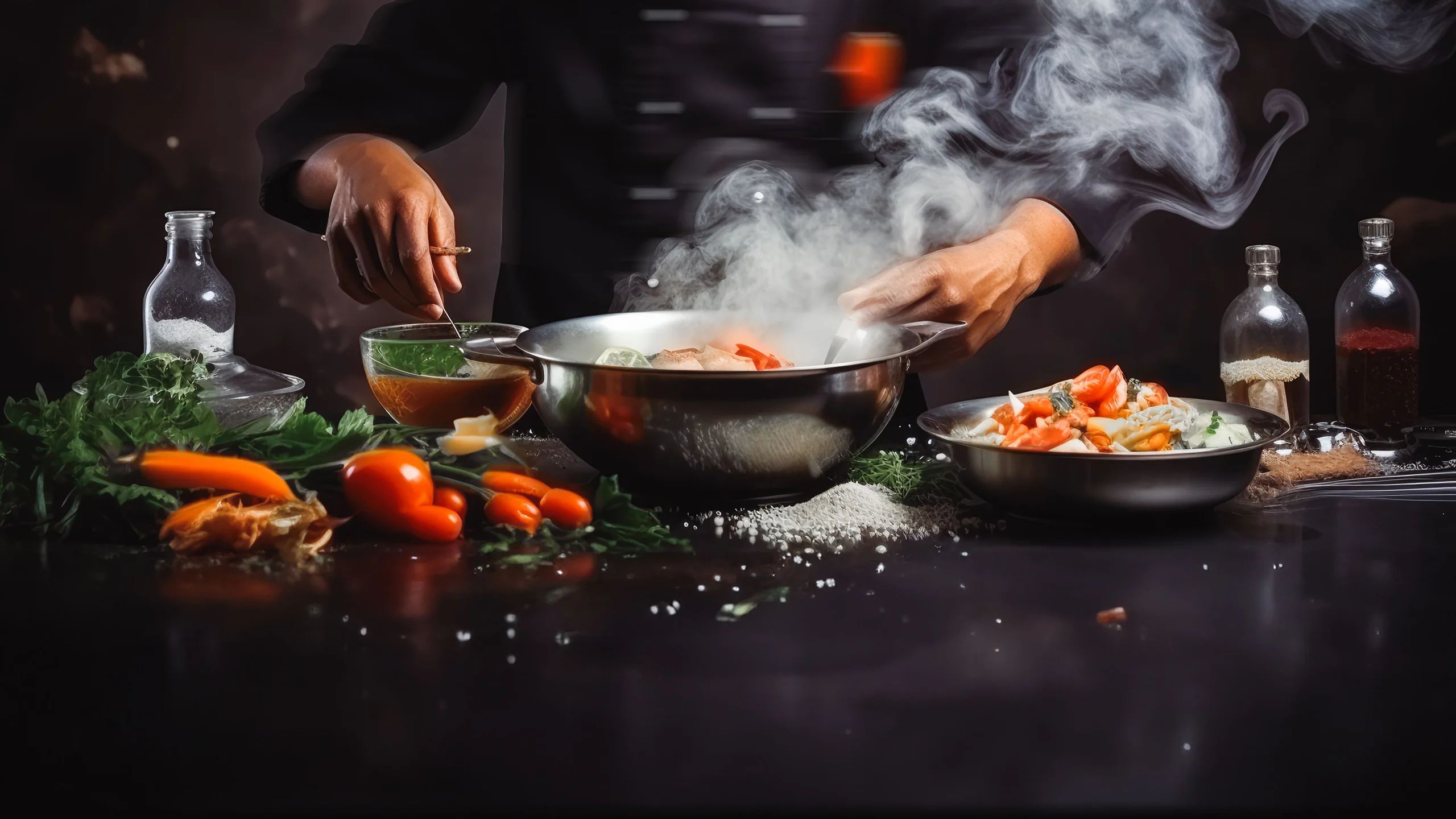 Person mixing ingredients in silver bowls on a preparation table filled with various foods and bottles containing different liquids.