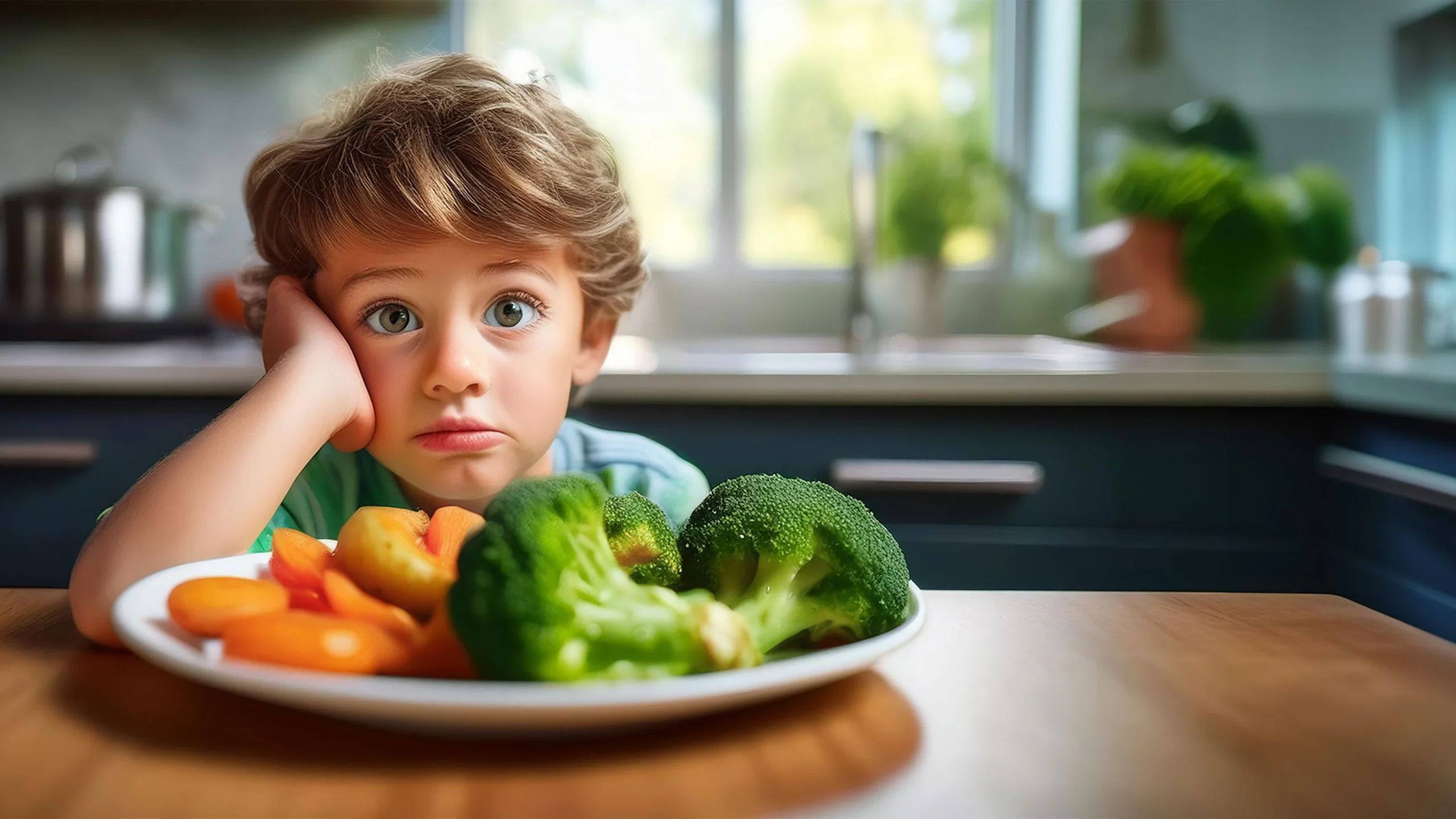 A boy looking unhappy about eating his vegetables at the dinner table.